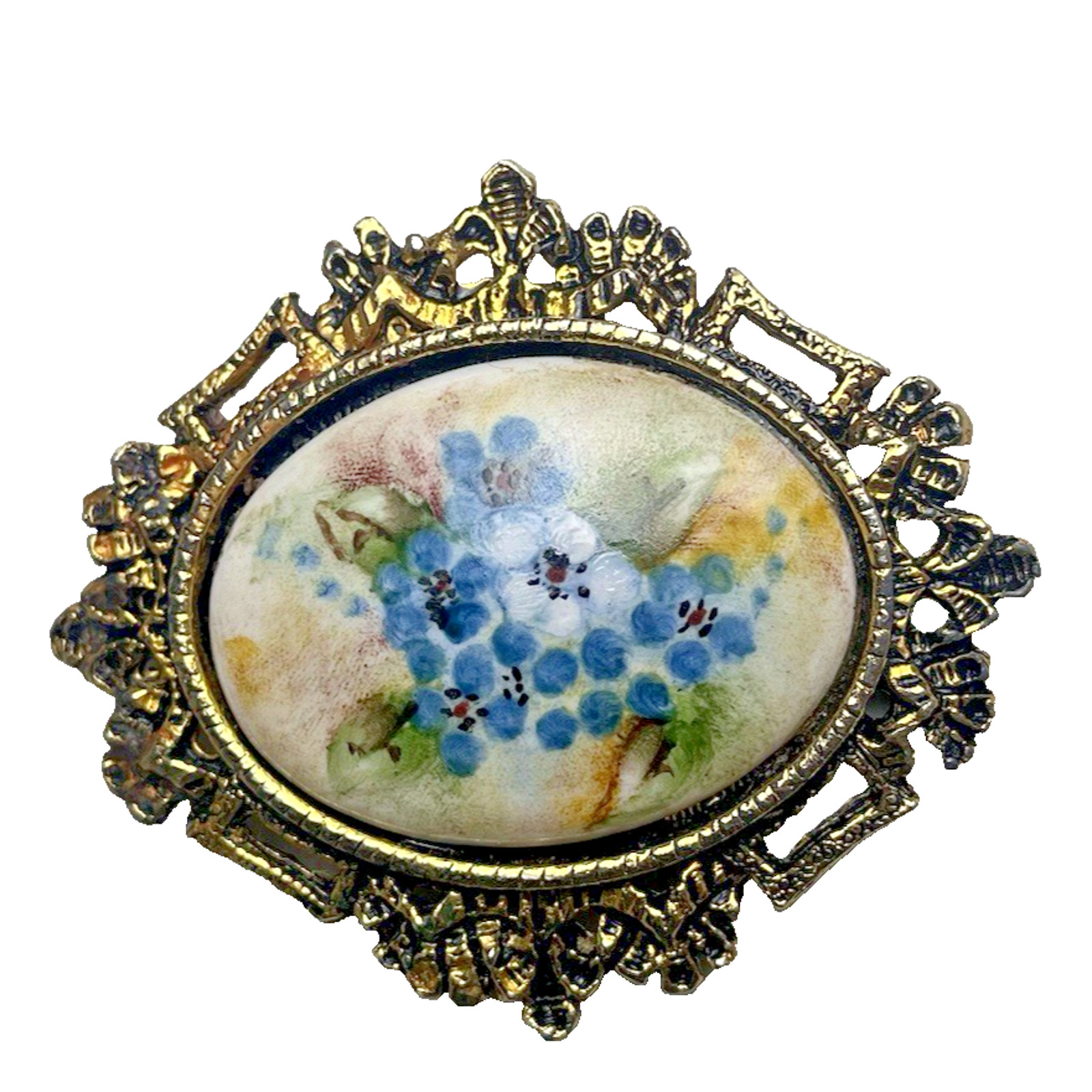 Vintage Hand Painted Violet Blue Forget Me Knots on Porcelain Pendant Pin Brooch