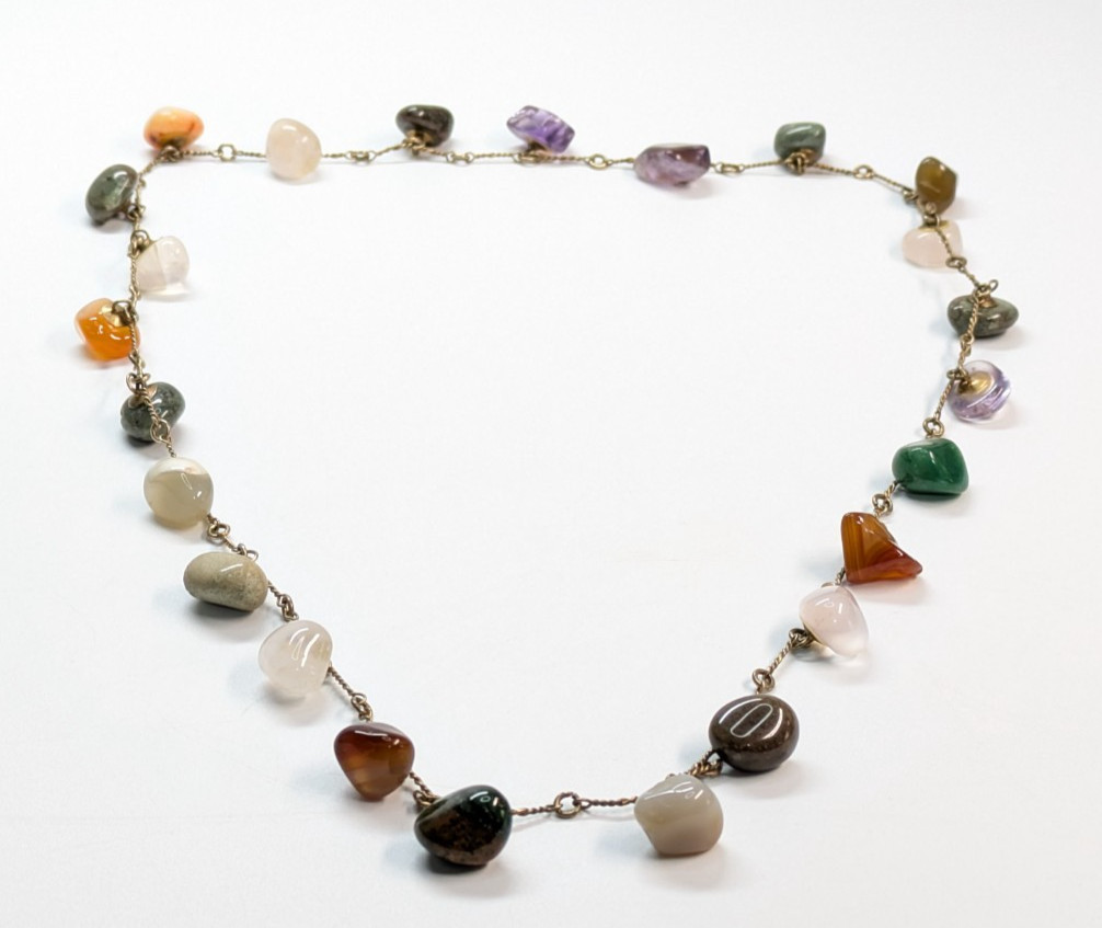 VTG Multi Color Tumbled Stone Pendant Station Gold Tone Statement Necklace 30″