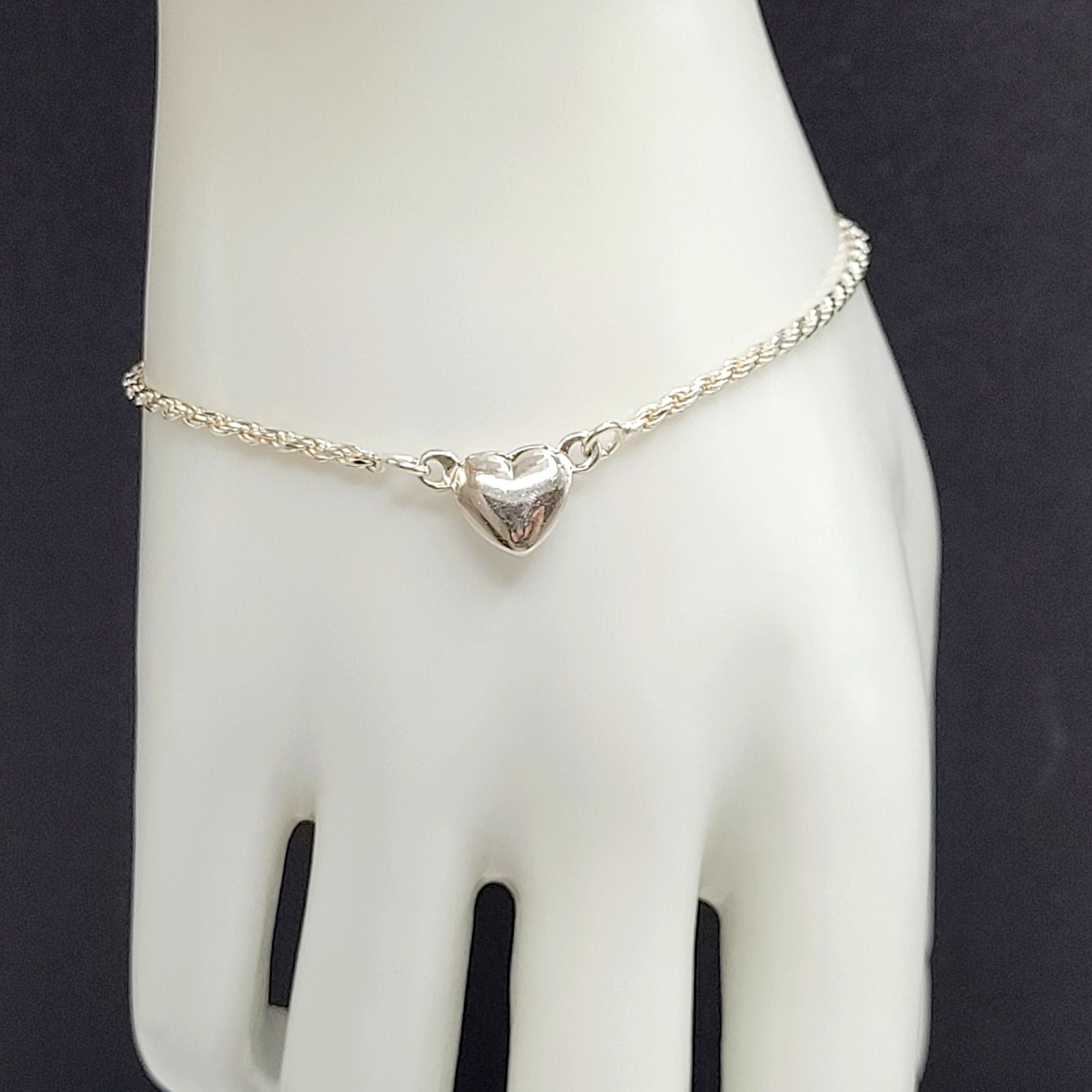 Minimalist Dainty Puffed Heart Station 925 Sterling Rope Chain Bracelet 7.25 in