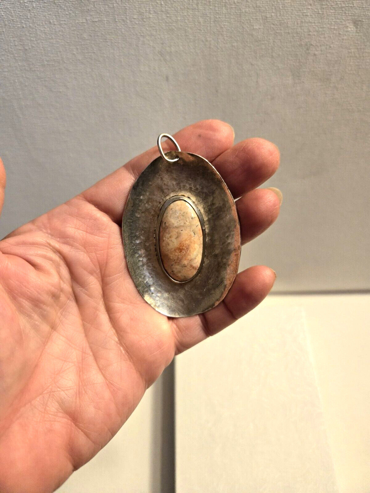 Vintage Oversized Oval Agate Hammer finish White Metal Artisan Crafted Pendant
