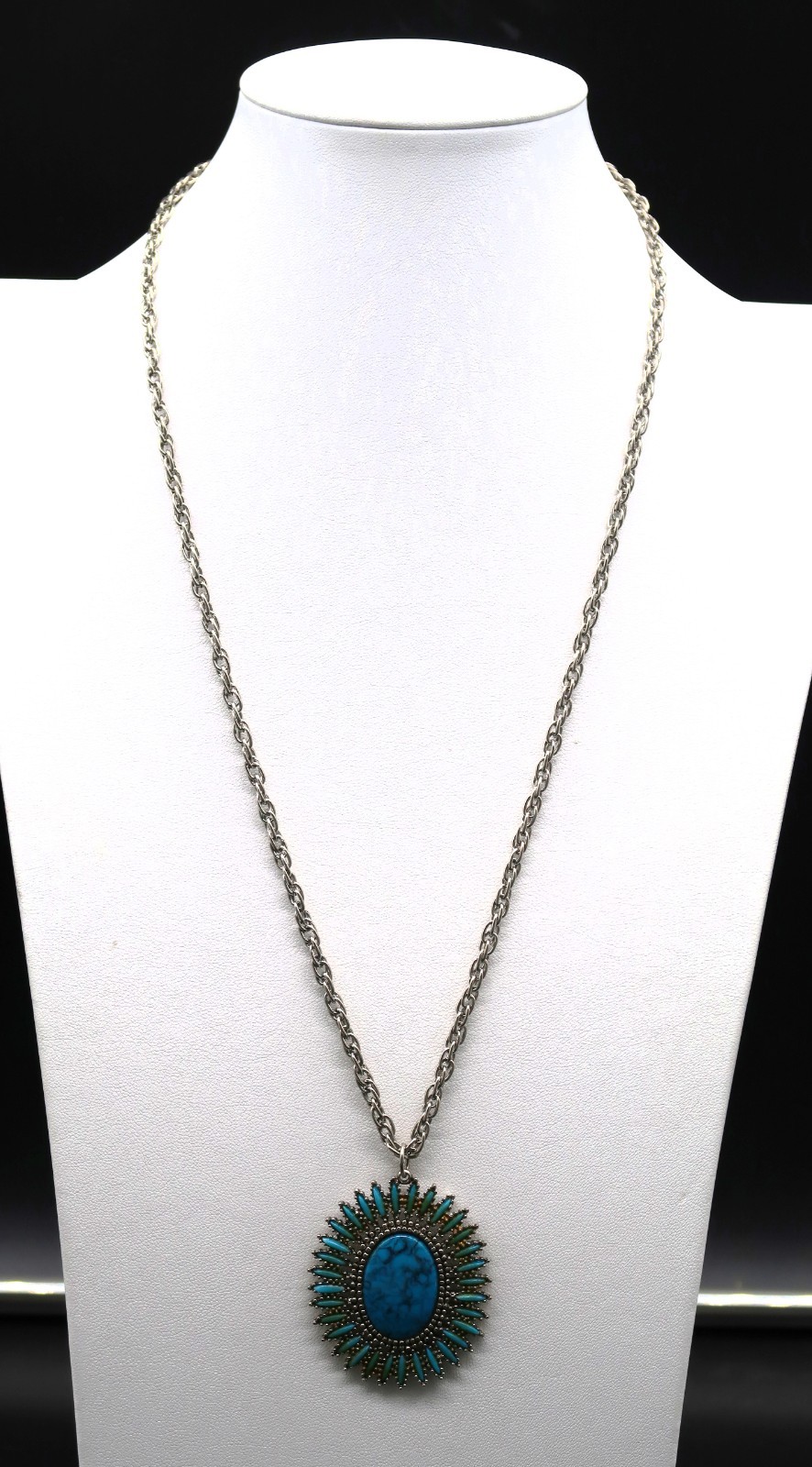Vtg South Western Style Faux Turquoise Cabochon Silver Tone Chain Necklace