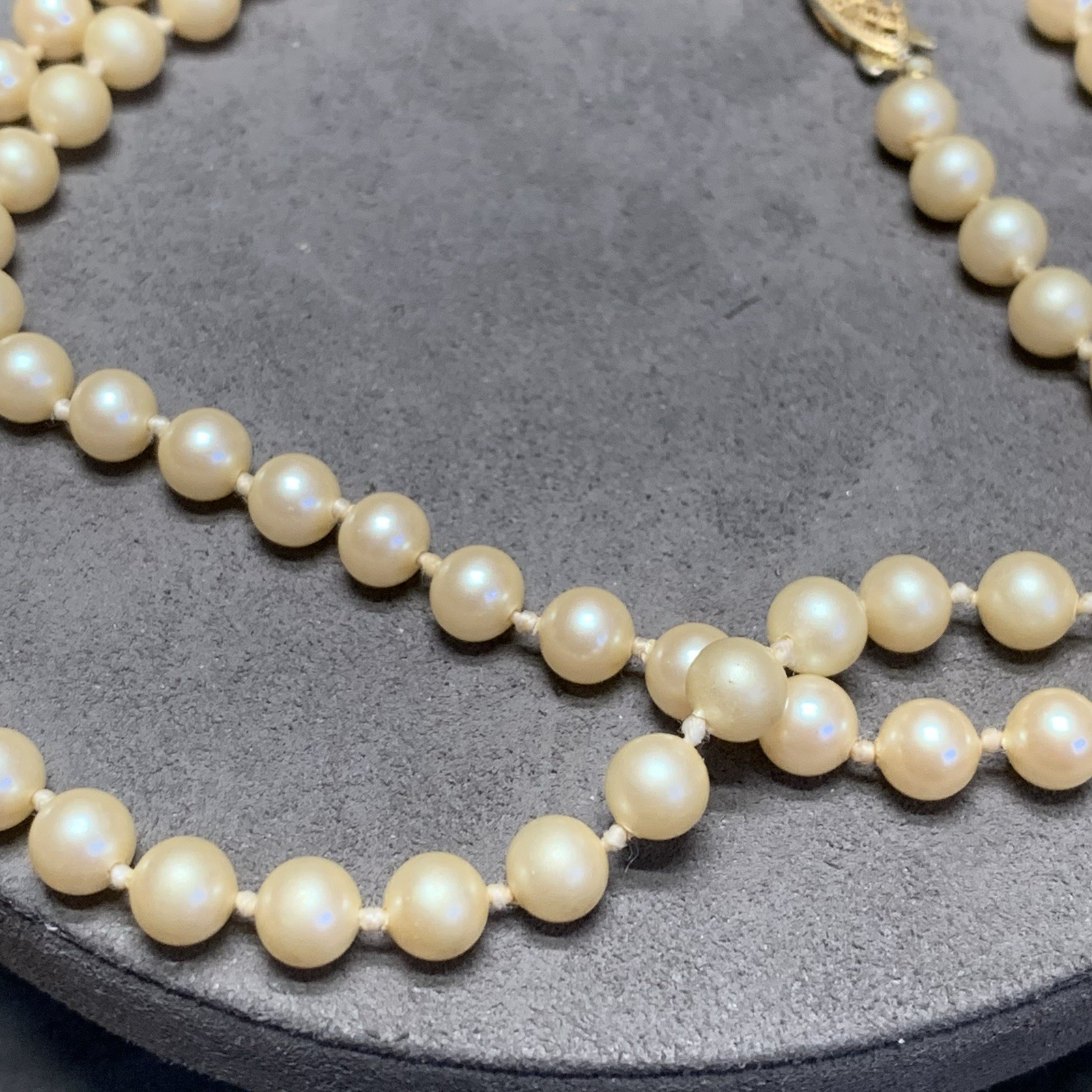 Vintage Hand Strung Faux Pearl Necklace 24”, Gold Tone Fish Hook Clasp Japan