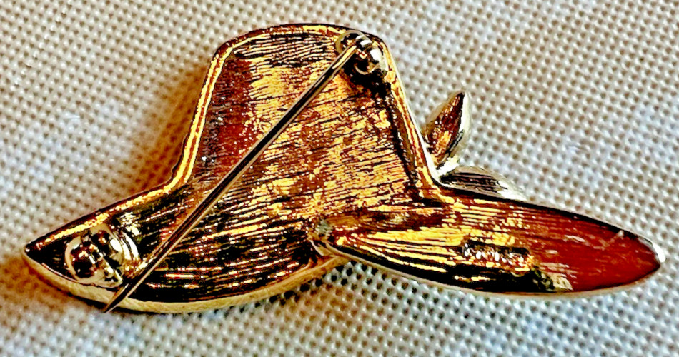 VTG Red Hat Brooch MONET Gold Tone Metal Red Crystals Purple Stones Enamel