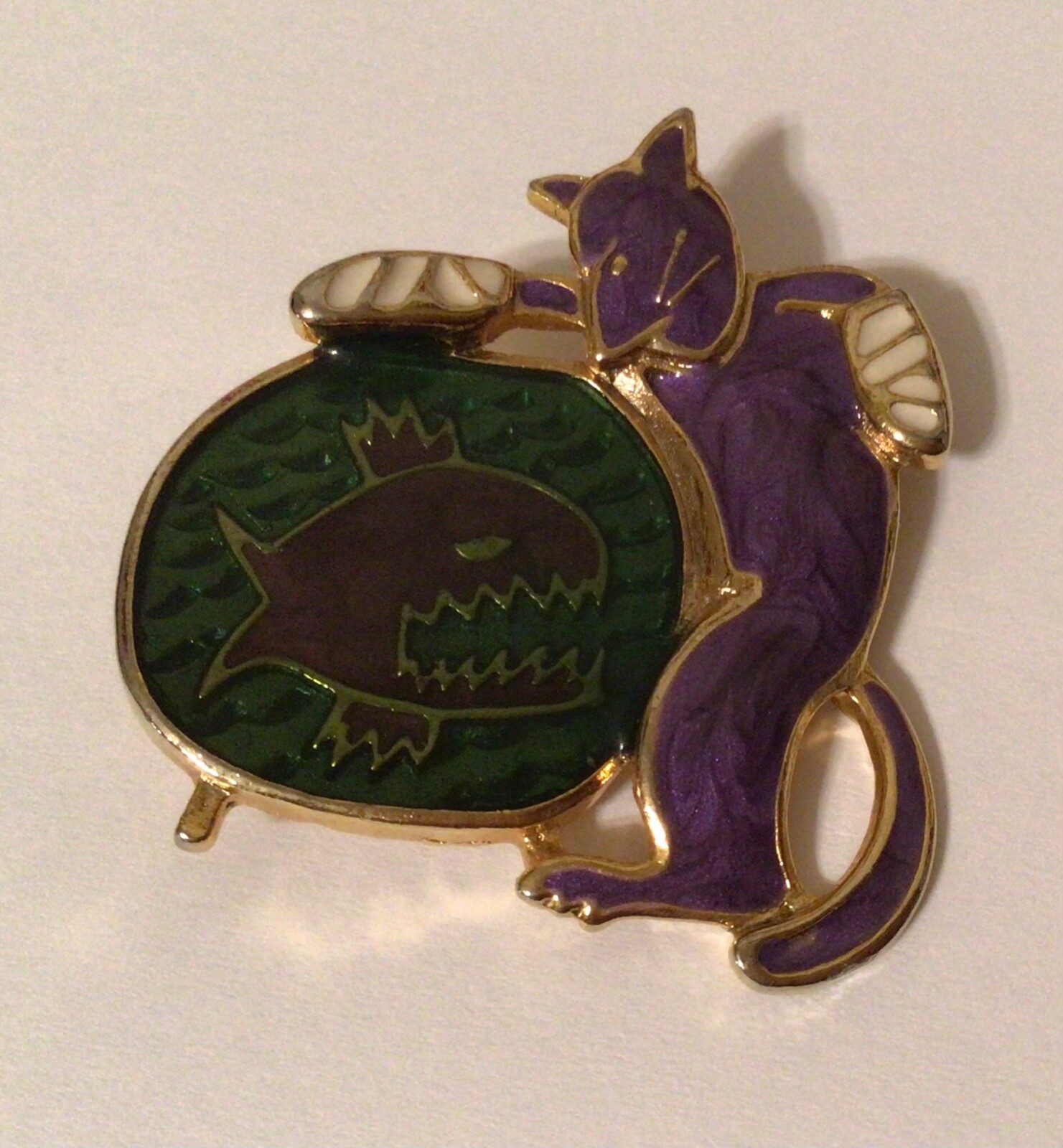 Vintage Berebi Signed Cat & Fish Brooch/Pin Purple/Green/White Enamel Gold Tone