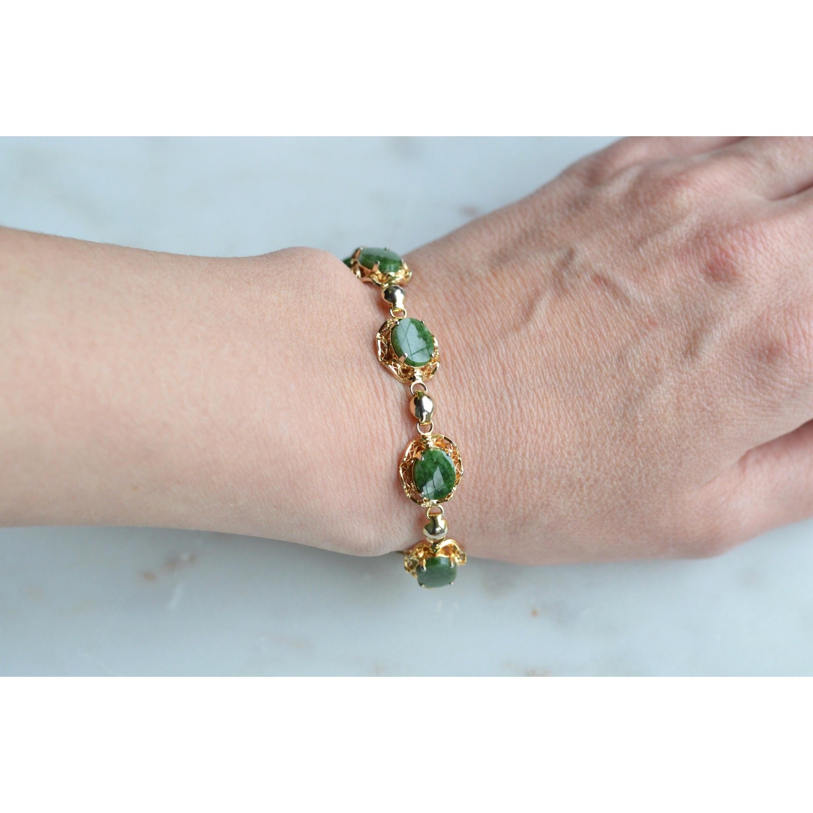 Vintage Alice Caviness Jade Bracelet | 12K Gold Filled Filigree Link | Signed