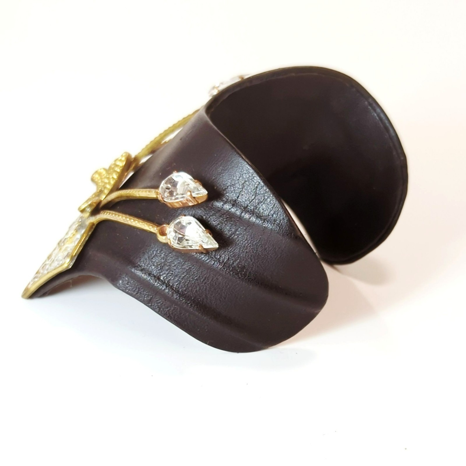 Vintage Luigi Briglia Black Leather & Rhinestone Cuff Bracelet Italian Designer