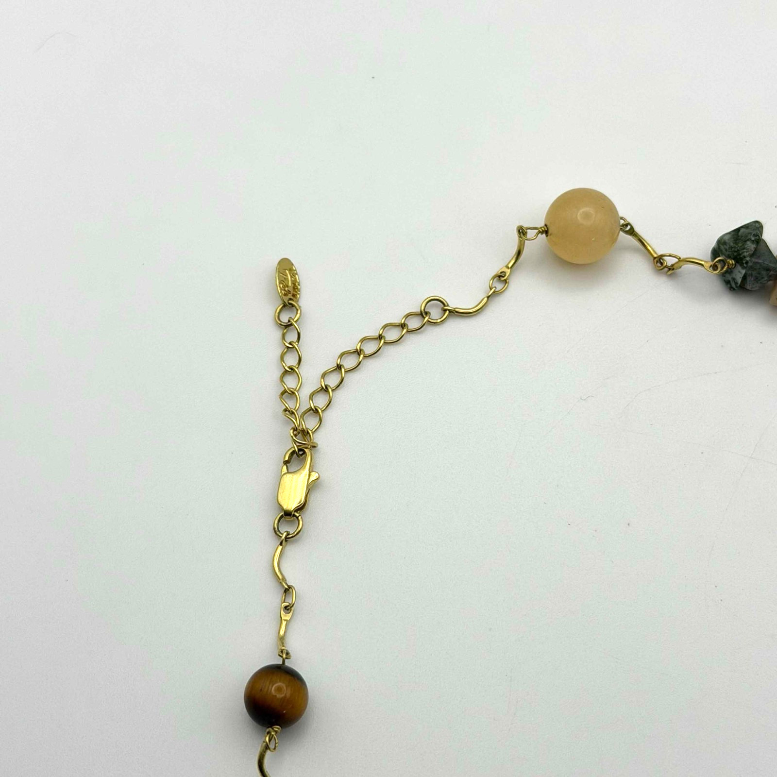 Vtg 44″ Jade, Nephrite & Tiger Eye Natural Stone Necklace 14K GP (YAK-35-2)