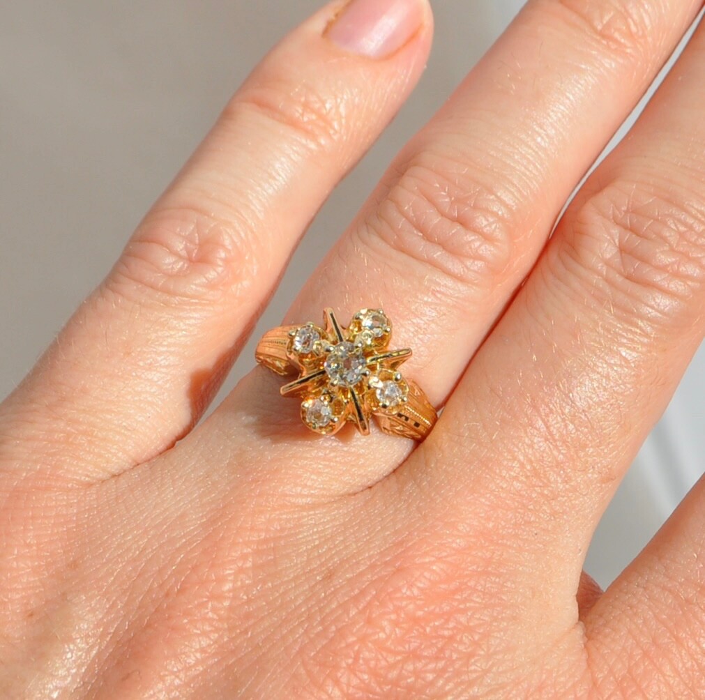 Old Antique Victorian 18K Solid Gold Old Mine Cut Diamond Ring Engraved Cluster