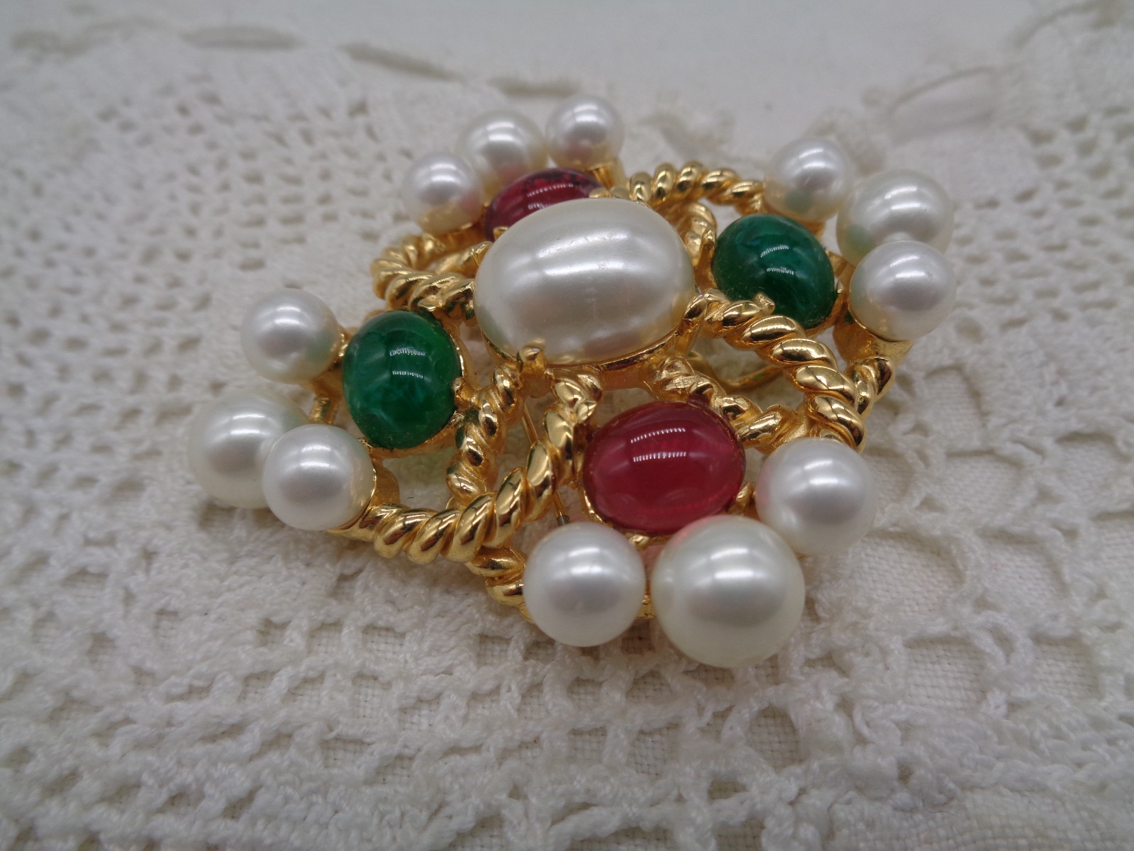Vintage CINER Faux Pearl & GRIPOIX GLASS Cabochon BROOCH / Pendant