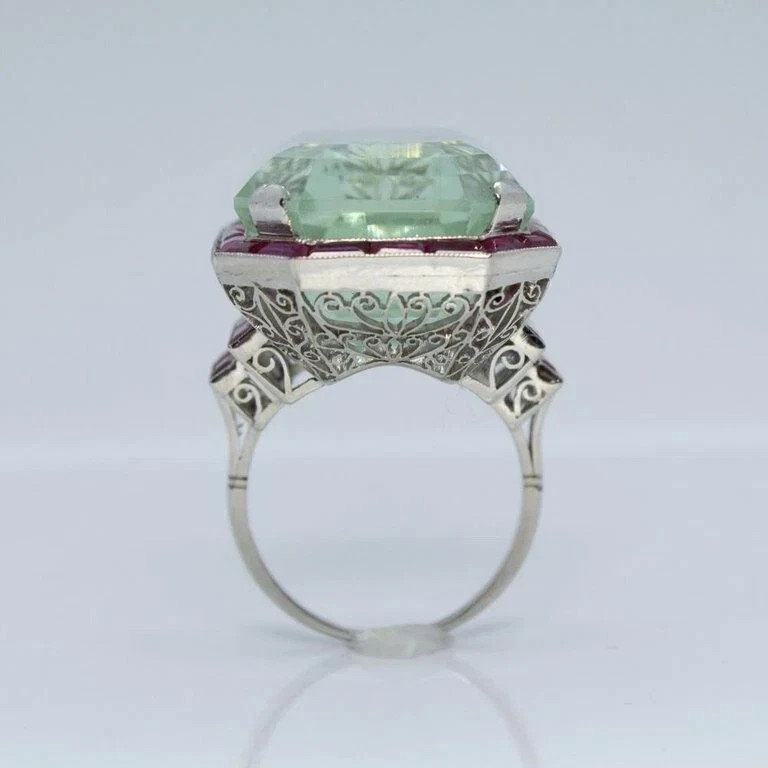 Vintage Art Deco Style 7CT Aquamarine & Ruby Halo Wedding Ring 14K White Gold FN