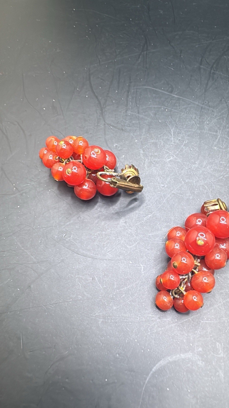 Vintage Glass Burnt Orange Grape Cluster Clip On Earrings