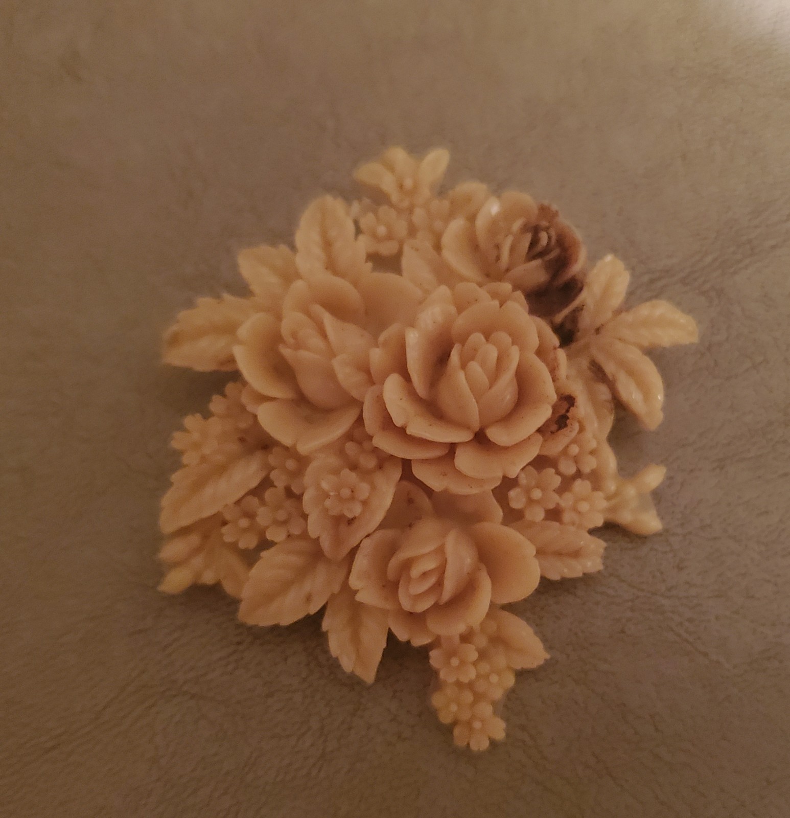 Vintage Cream Colored Celluloid Brooch Features Detailed Floral Bouquet Design