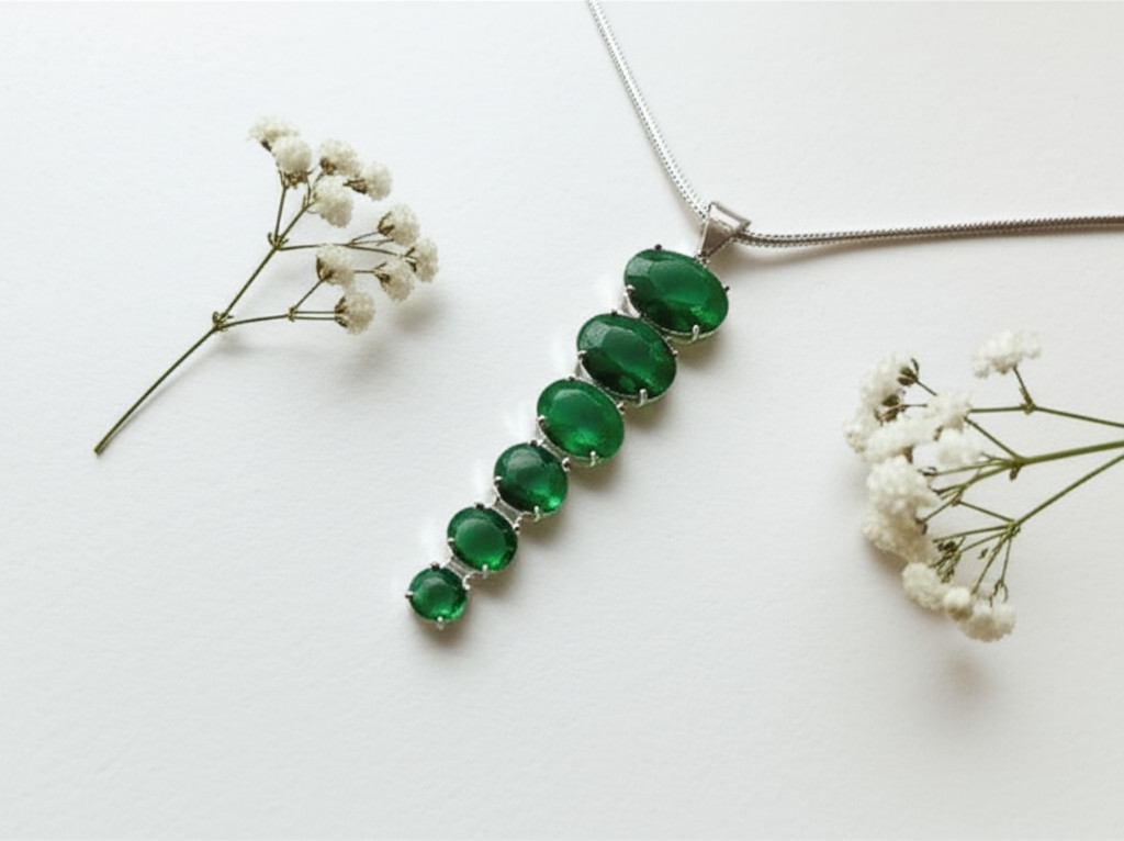 Emerald Sterling Silver Pendant Necklace: Colombian Oval Gemstone, May Birthston