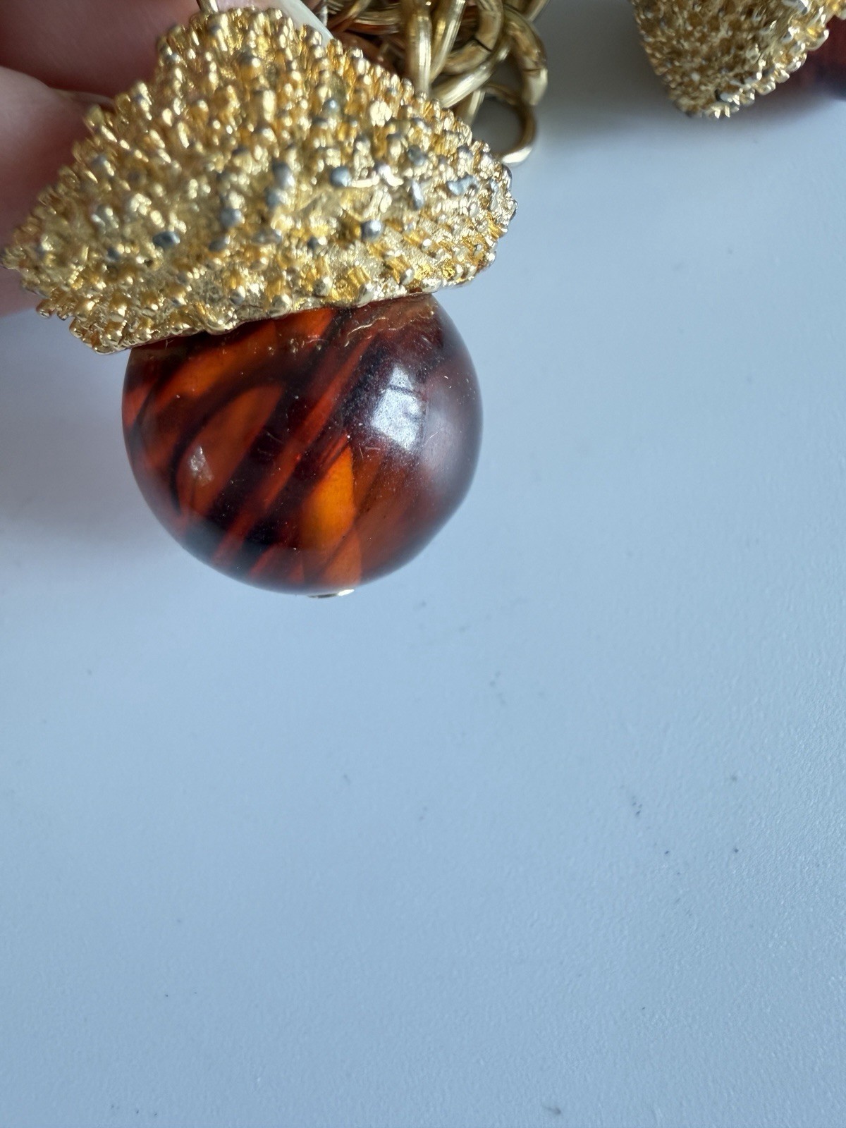 Vintage MCM Chunky Acorn Charm Bracelet Oversized Amber Glass Style Lucite Gold