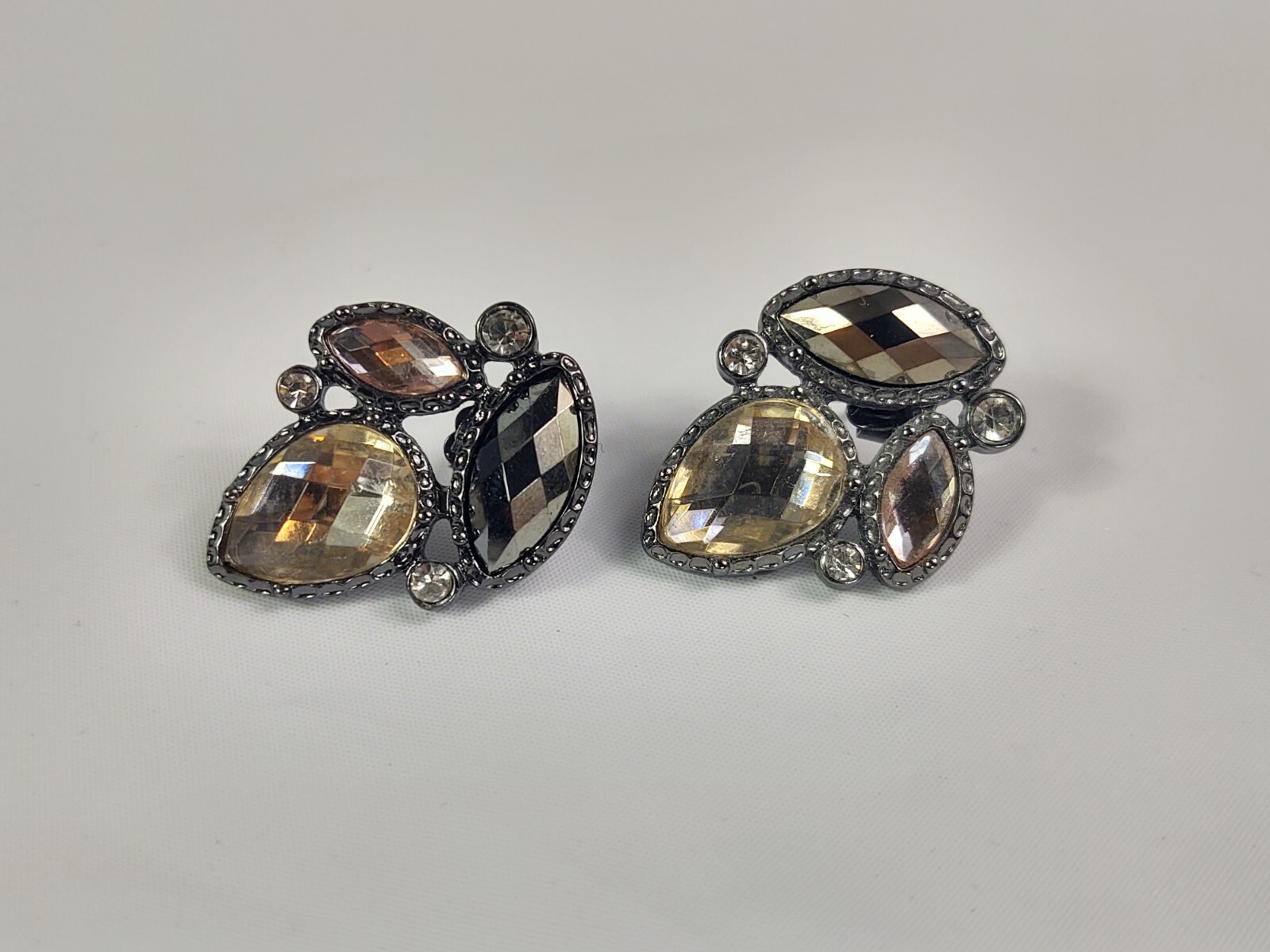 Pierced Earrings Costume Jewelry Silver Tone Multicolor Faceted Stones Vintage