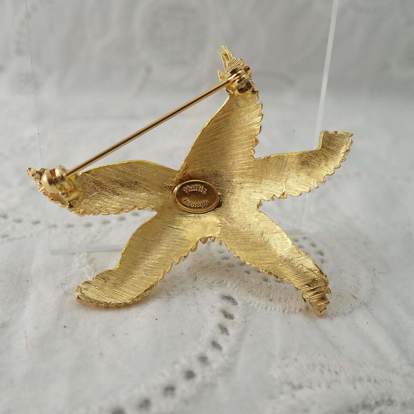 Vintage Rare Hattie Carnegie Lime Green Enamel Gold Tone Starfish Pin Brooch