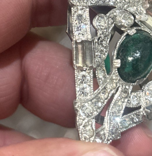 Vintage Art Deco Silver Tone Clear Rhinestone Green Glass Fur Dress Clip