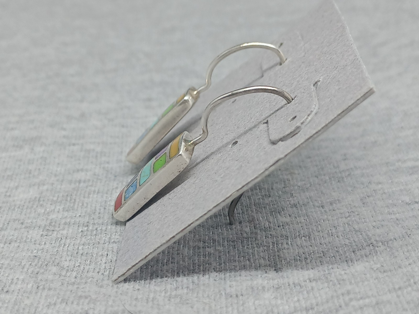 Vtg 925 Sterling Silver Multicolor Bad Pierced Dangle Hook Earrings Signed SX 1″