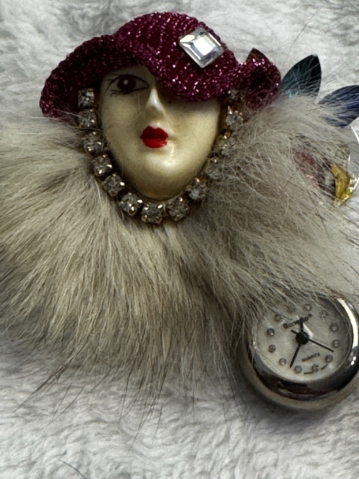 Vintage Bonetto Lady Face Watch Brooch Pin Faux Fur Rhinestone Dangle Watch