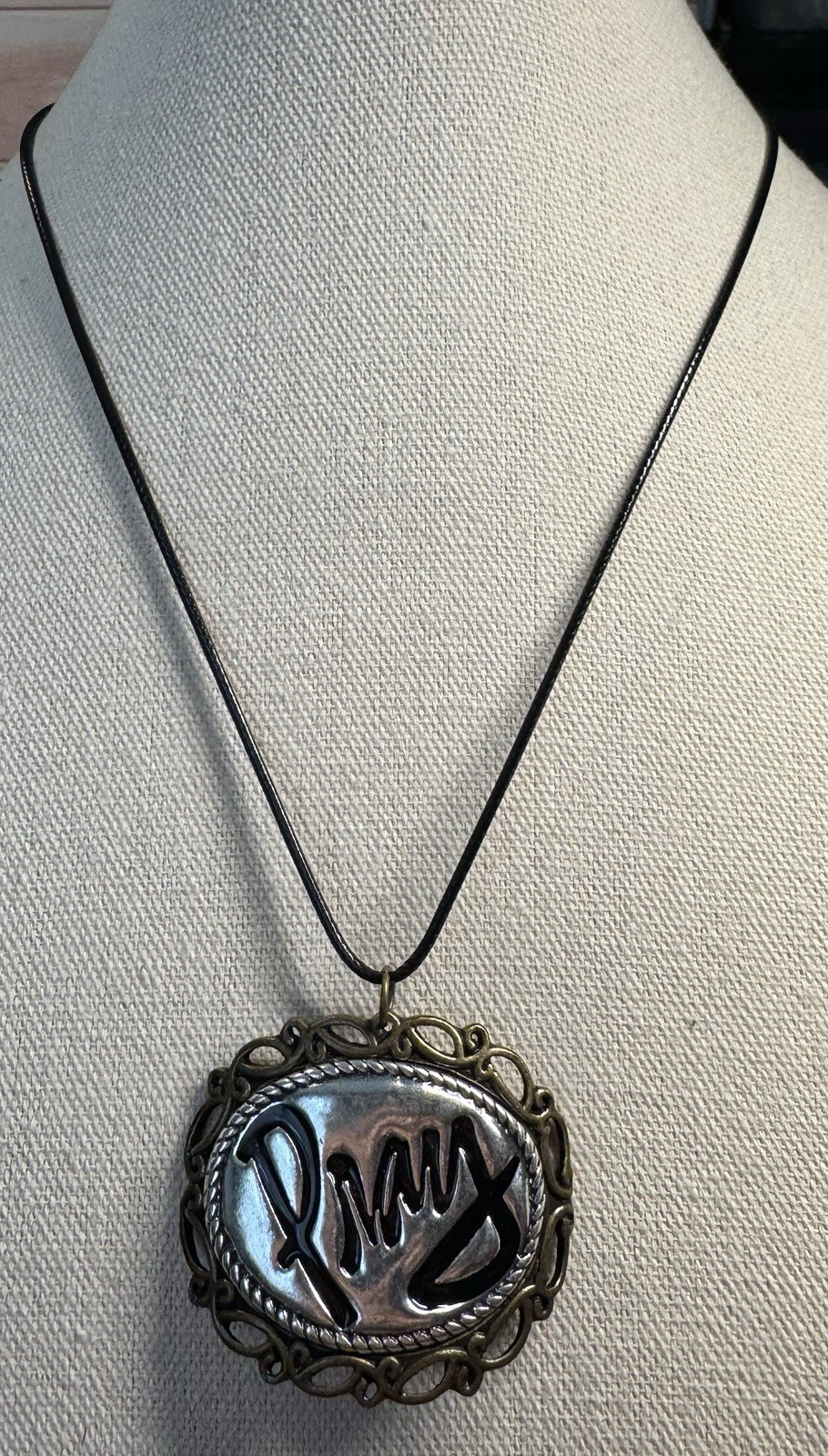 Beautiful Vintage Brassy & Silvertone Oval Pray Pendant On Cord Necklace