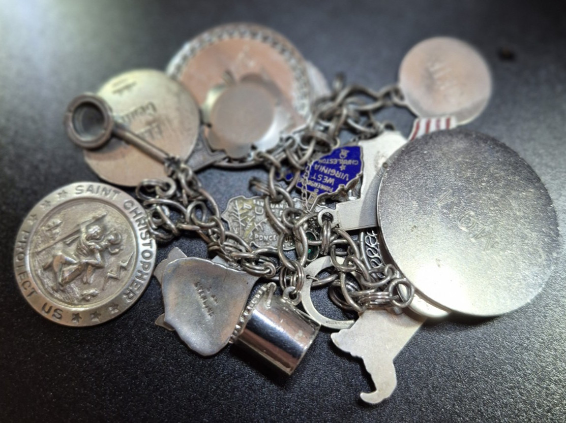Vintage Sterling Silver LOVE Charm Bracelet w/ 23 RARE Charms 7–Dates 40’s-60’s