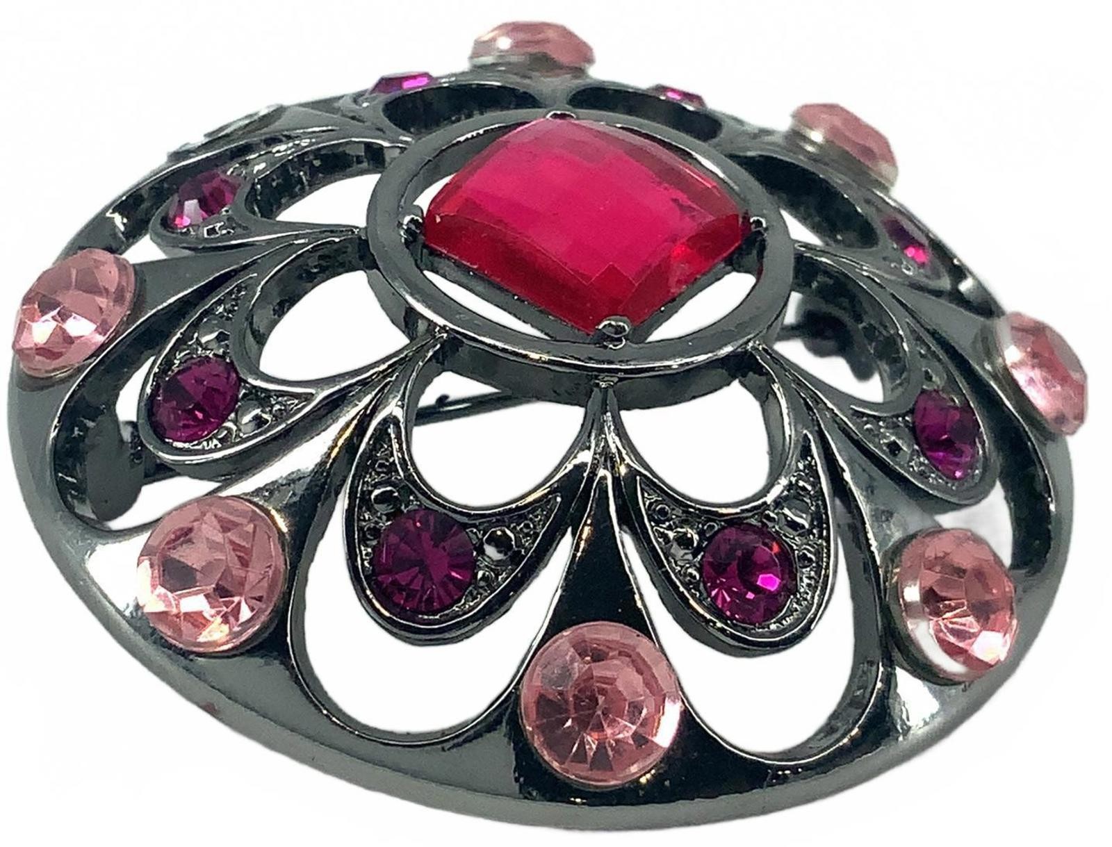 Vintage Gunmetal Tone Pink Crystal Floral Brooch Round Fuchsia Rhinestone Pin