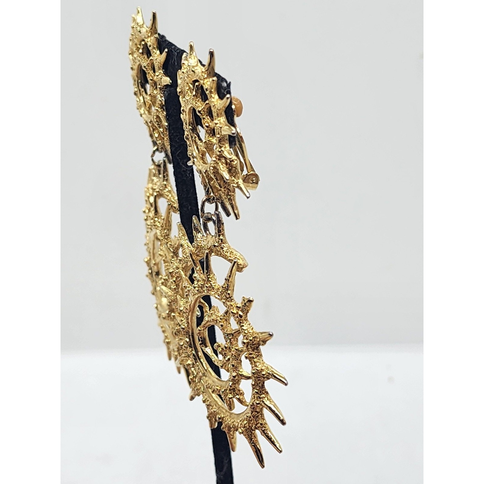 Vintage Orena Paris Sunburst Spiral Clip On Earrings Gold Tone Long Dangle