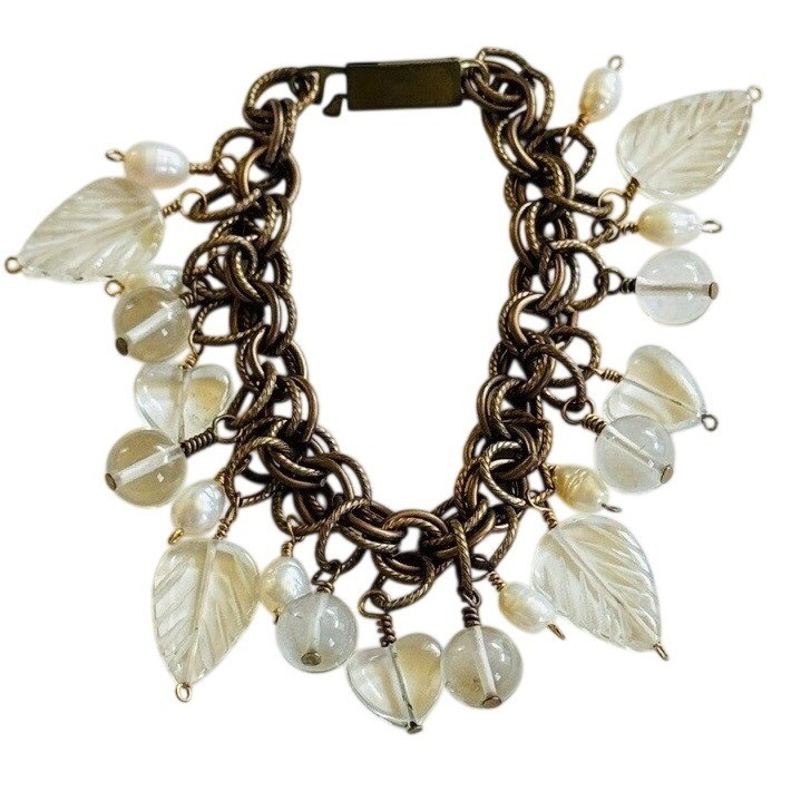 VTG charm Bracelet FreshWater Baroque Pearl glass leaf heart Beaded dangle brass