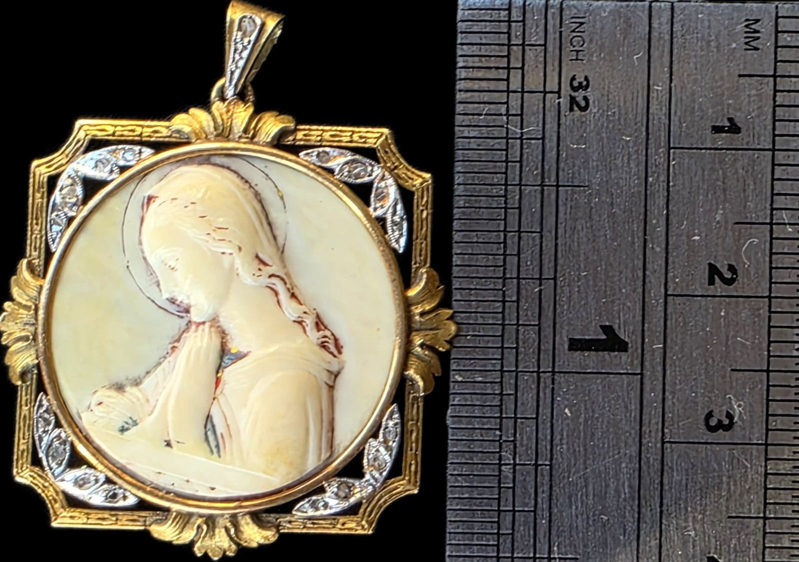 Antique Virgin Mary Medal Pendant 18k Gold Rose Cut Diamonds Catholic Art Deco