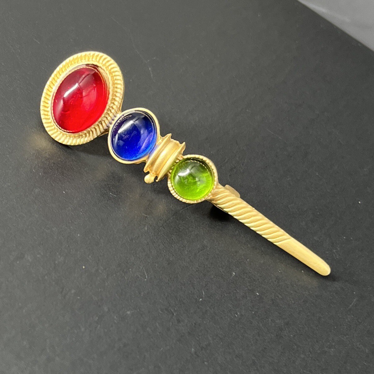 Gripoix Glass Cabochon Scarf Pin Brooch Gold Tone Red Blue Green Jabot Dagger