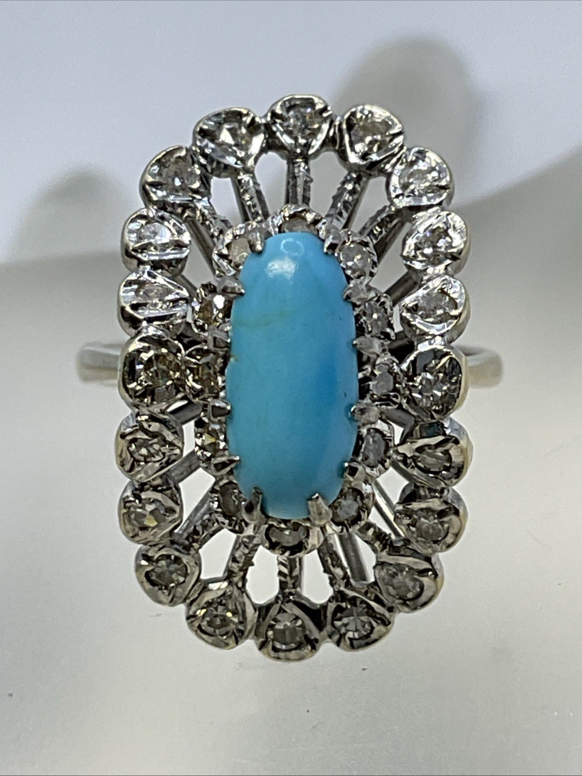 Ladies Ring Solid 18K W.Gold Turquoise & Diamond UNUSUAL DESIGN VINTAGE HANDMADE