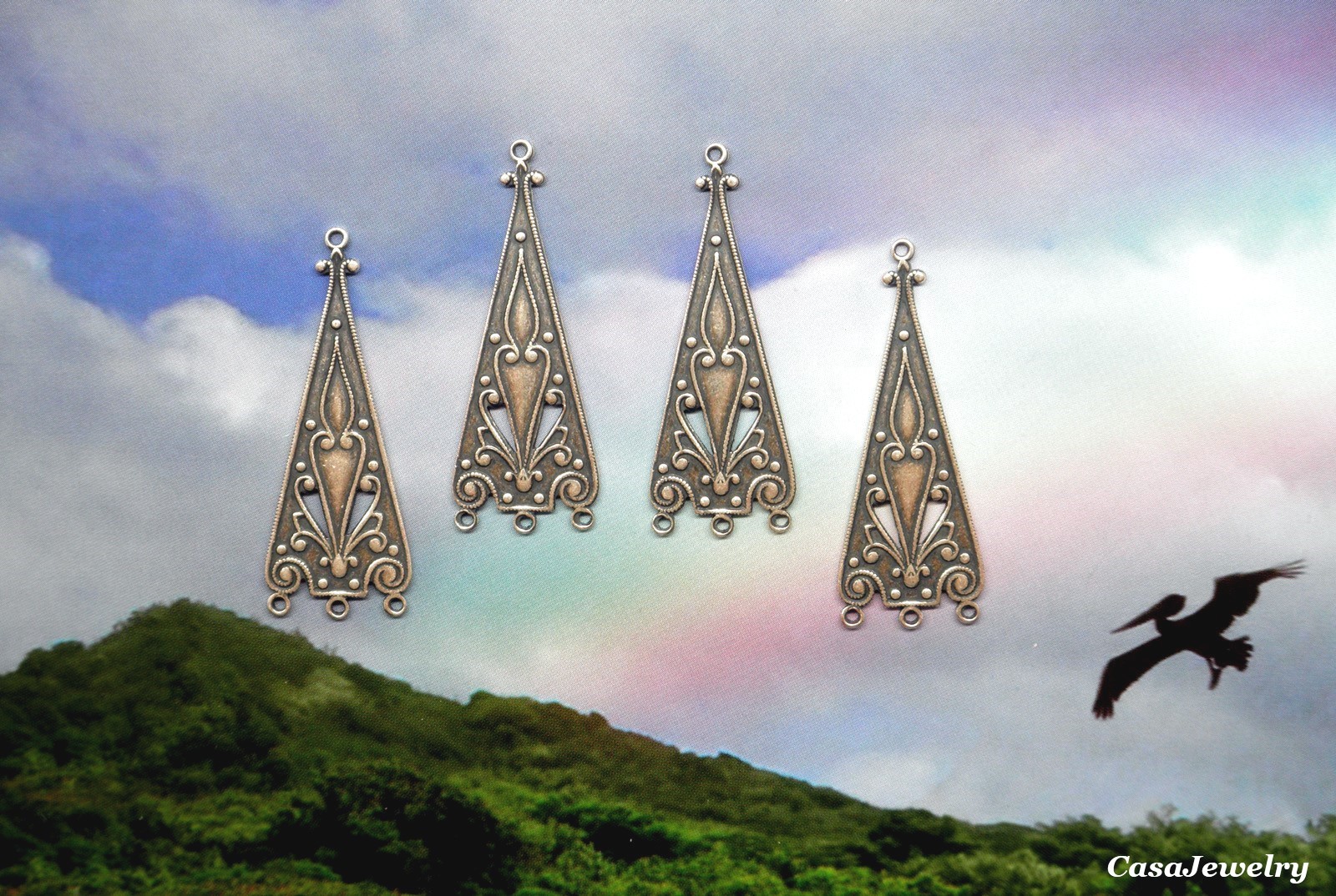 #5042 ANTIQUED .925 STERLING SILVER PLATED DROP W/TOP HANG RING – 4 Pcs