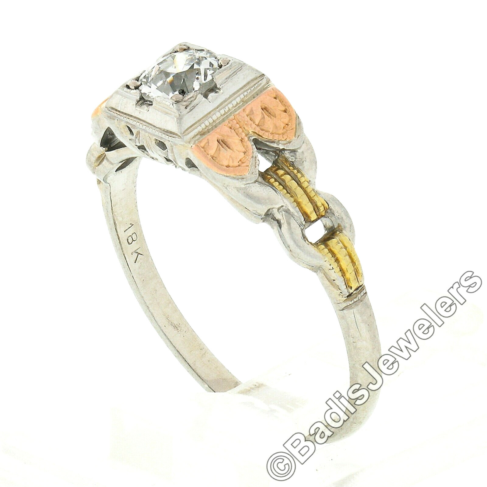 Antique 18k & 14k Gold .34ct Old European Diamond Detailed Sides Engagement Ring