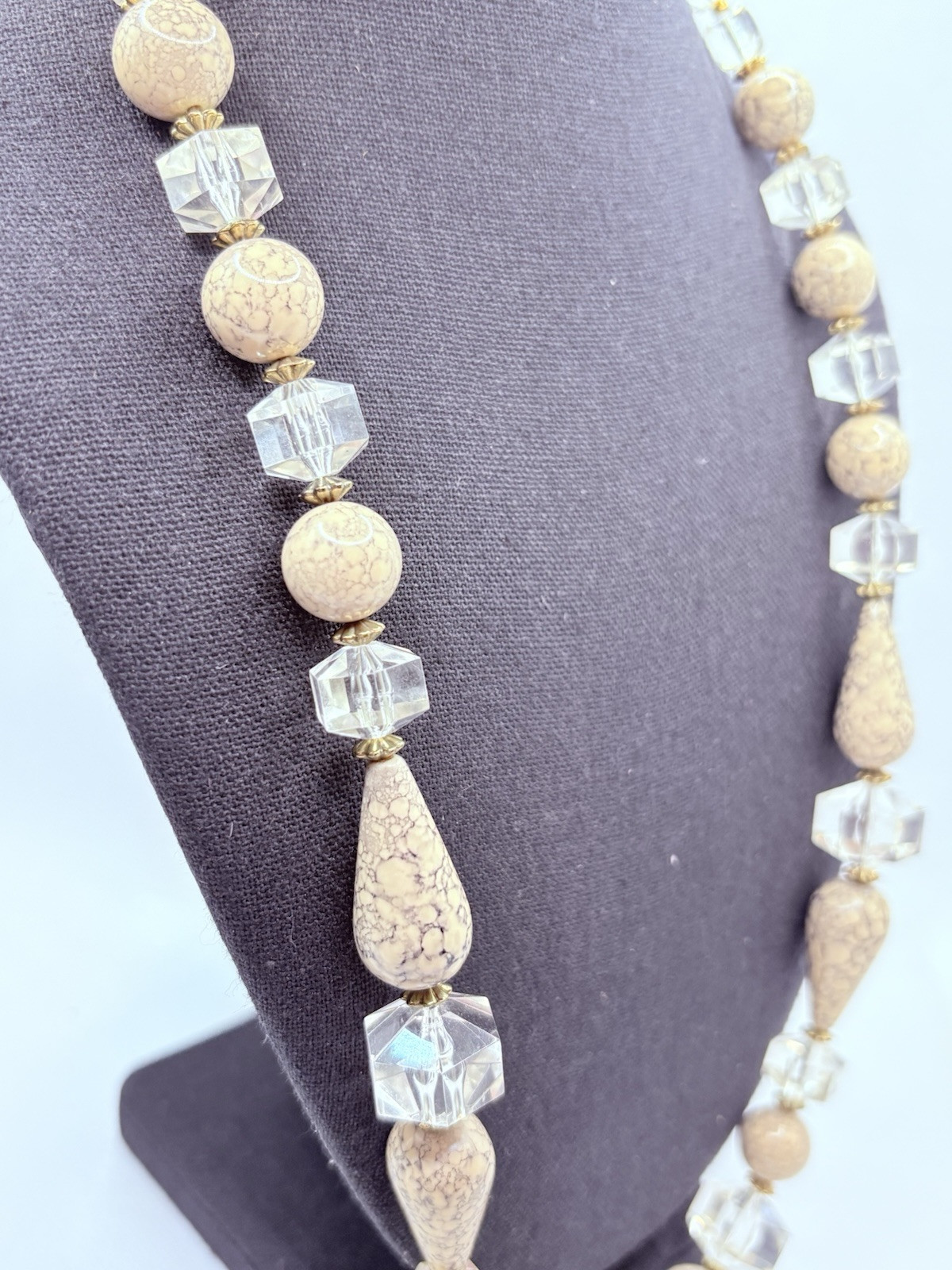 Vintage Faceted Acrylic And Faux Stone Necklace Large Beads Statement Cream
