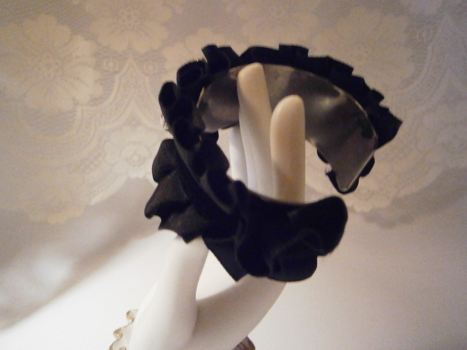Vintage Yellow White Rhinestone Black Velvet & Satin Ruffle Cuff Bracelet