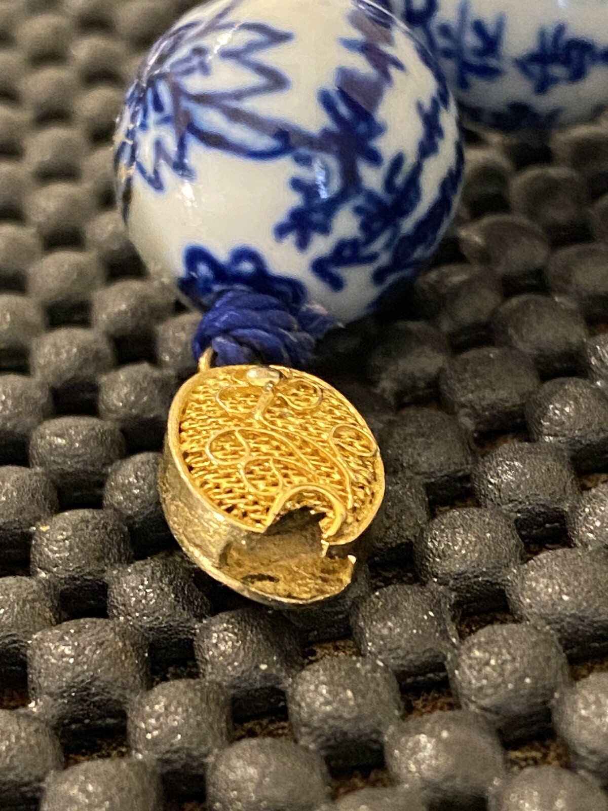 Vintage Chinese Export Blue White Large Porcelain Beaded Necklace Filigree Clasp