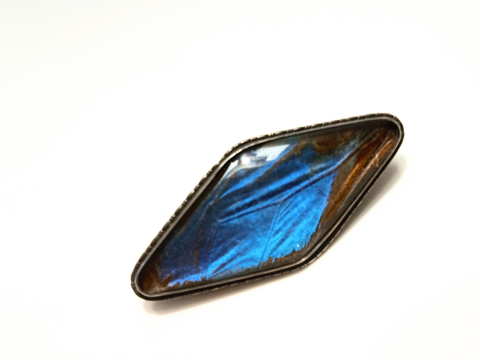 Antique Sterling Silver Brooch Signed “England” Bl. Butterfly wing in glass 2″