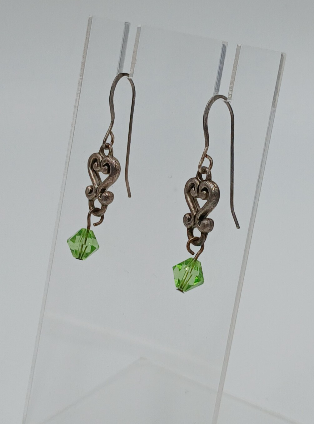 VTG 925 Green Bicone Crystal Earrings 1.25in Drop Sterling Silver Heart Scroll