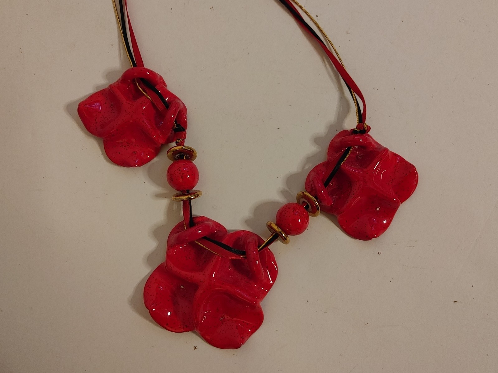 Vintage Y2K Red Enamel Poppy Necklace Ribbon Tie Back Wearable Artsy Statement