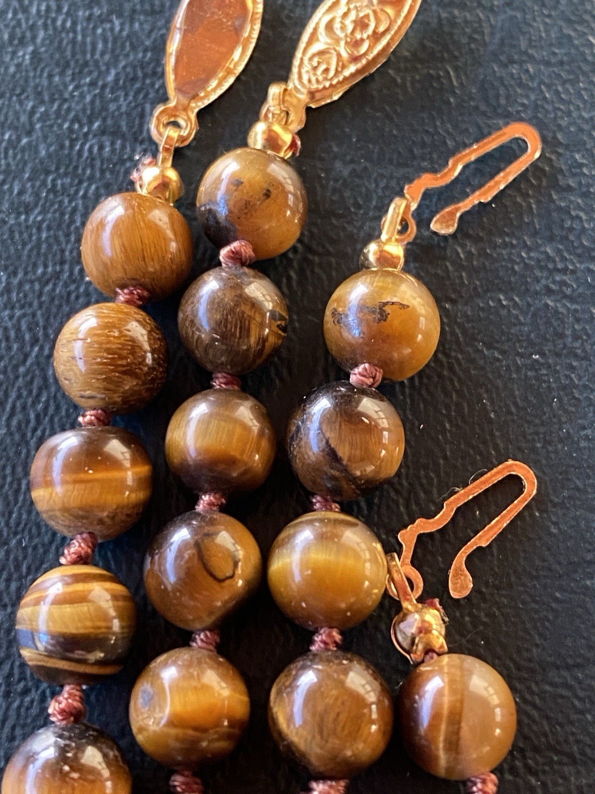 Vintage Tiger Eye Bead 2 Necklaces – 17” & 18” Knotted Stone Gold Tone Clasp