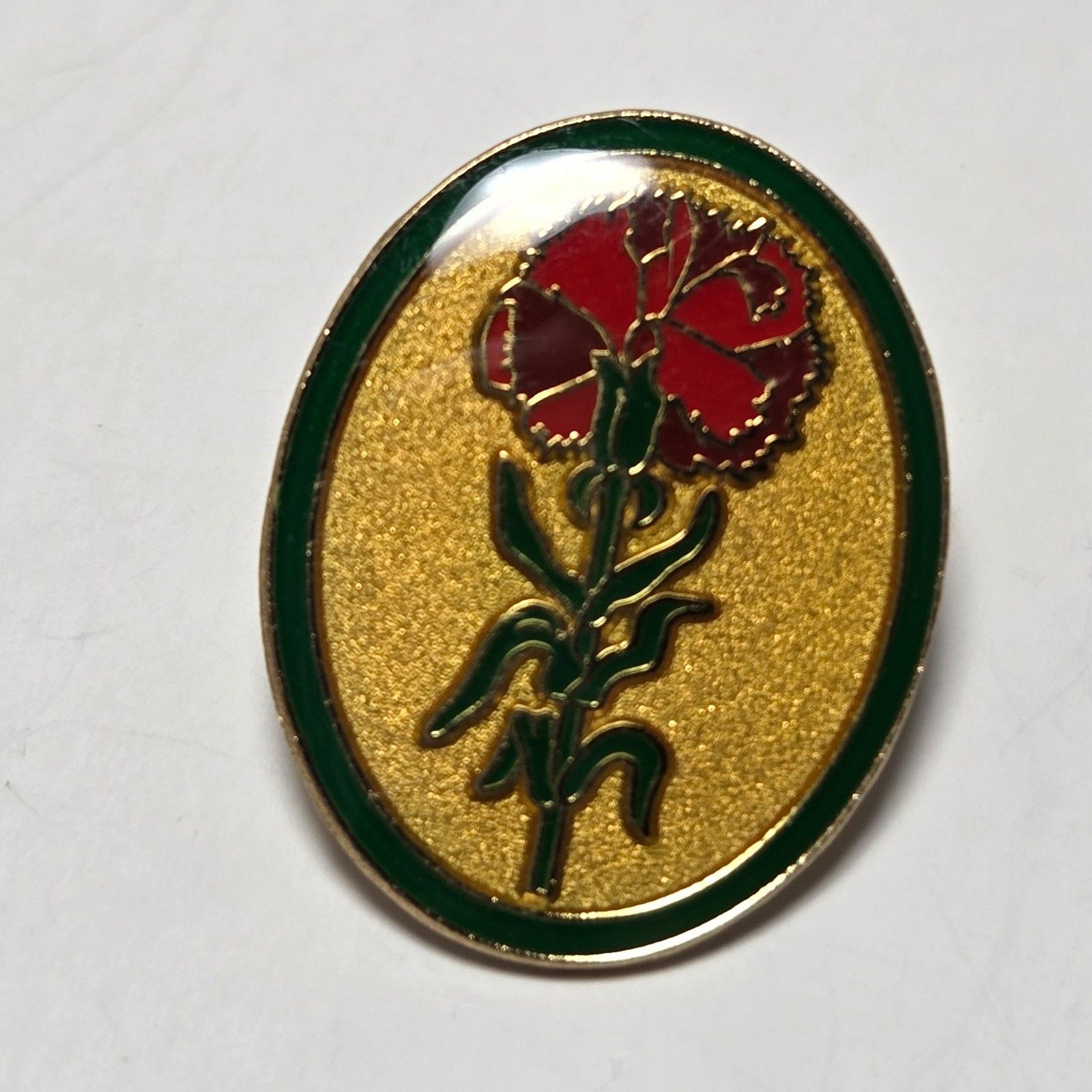 Vintage Red Carnation Flower Lapel Pin Valley Casting Signed Oval Enamel Lacquer