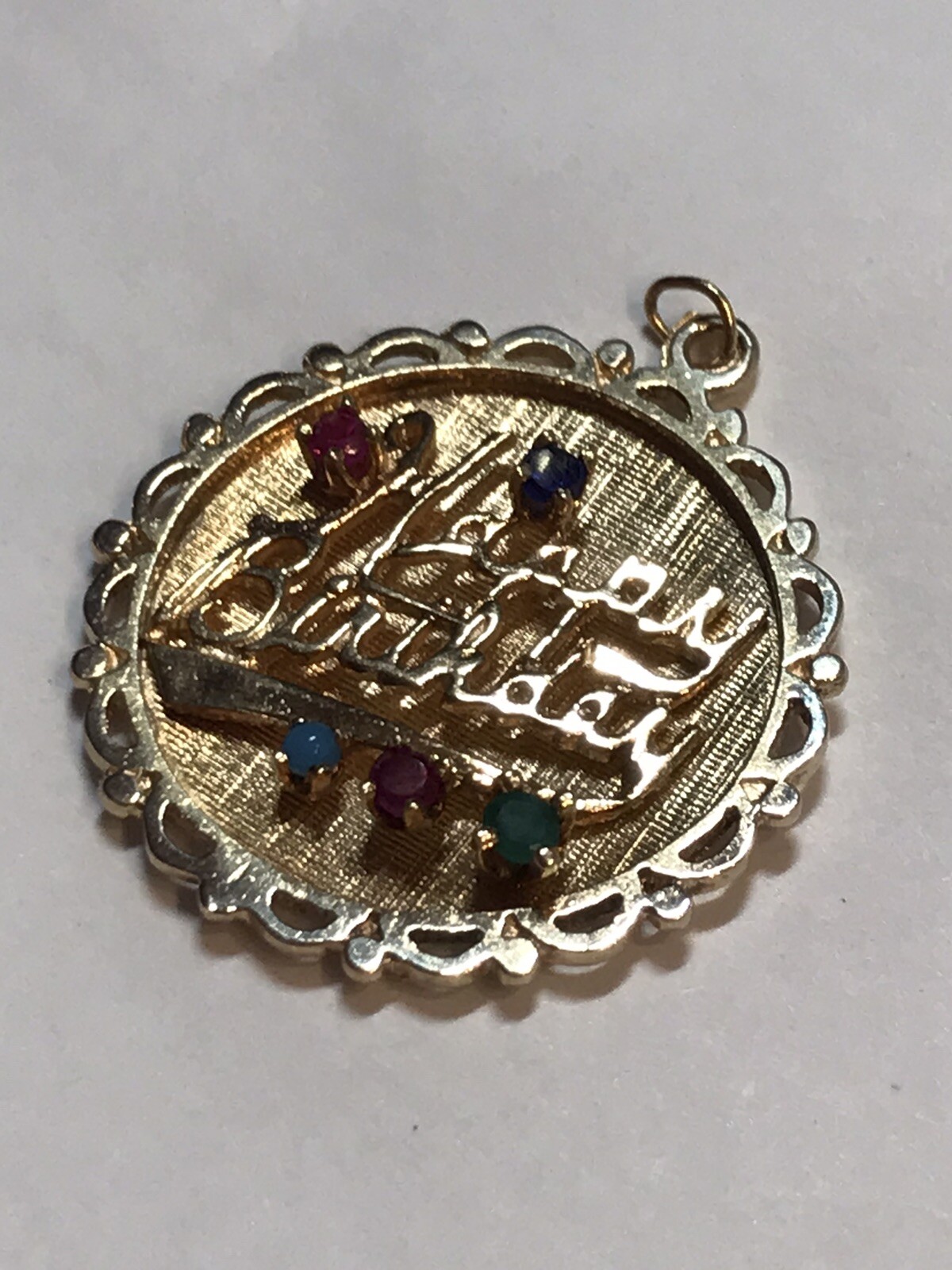 VINTAGE 14K Yellow Gold Heavy “Happy Birthday” Multi Gem Charm 5.3 Grams, 27mm