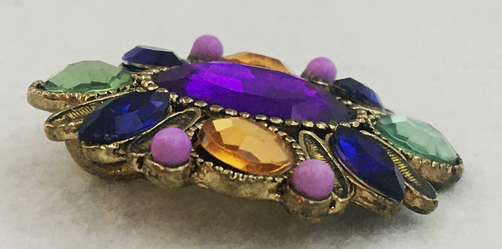 GoldTone Rhinestone Pendant Oval Embossed Faceted Purple Blue Yellow Vintage