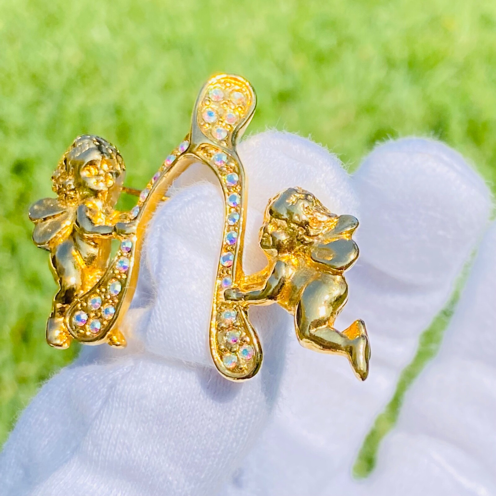 Sparkling Kirk’s Folly Signed Gold Tone Angel Cherub Wishbone Brooch Pin