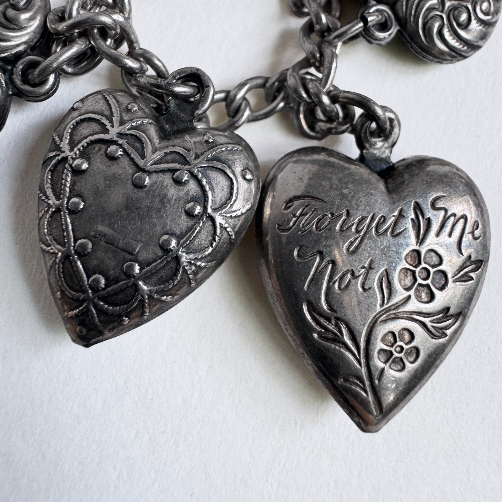 Vintage WWII Sterling Silver 925 Puffy Heart Sweetheart Bracelet w/ 14 Charms
