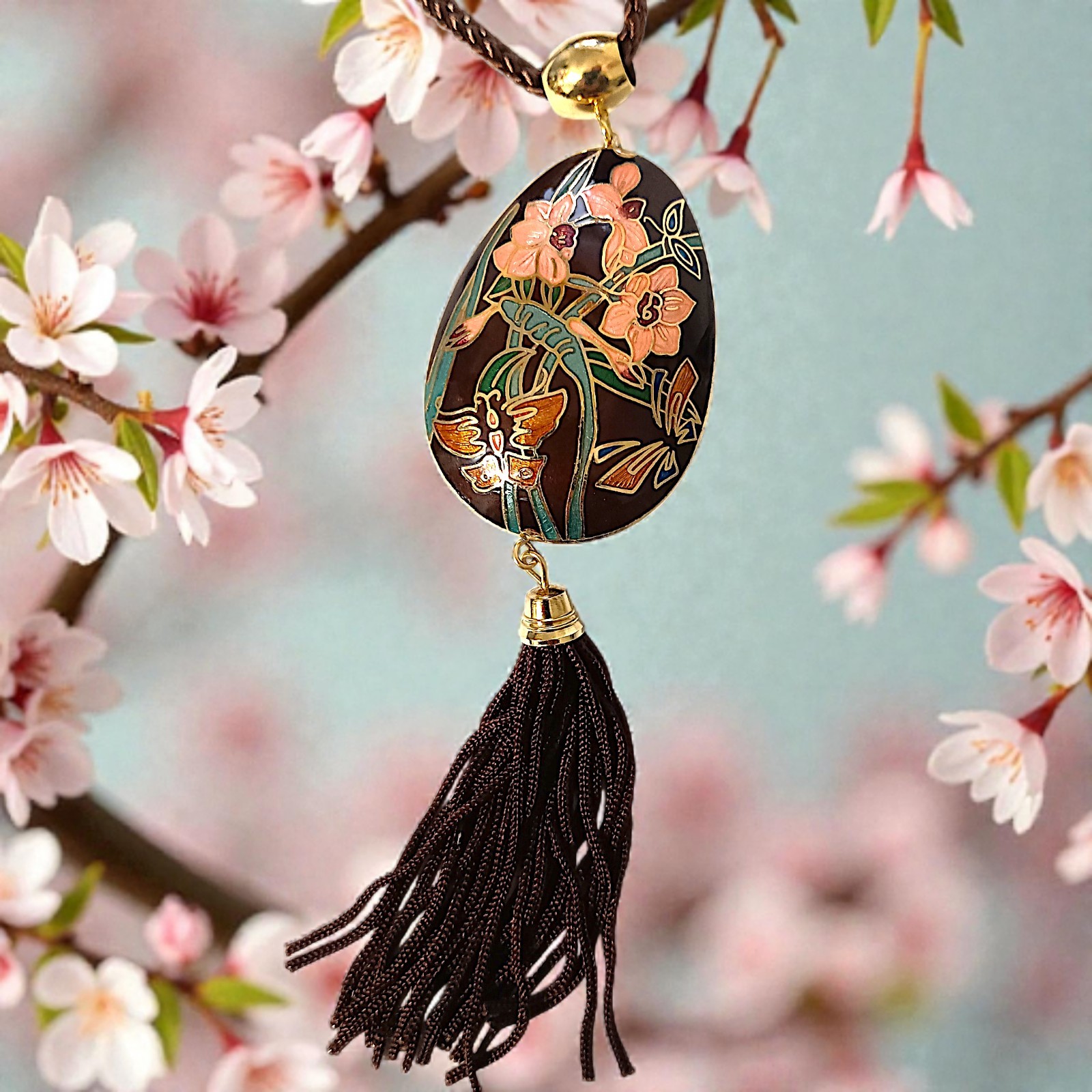 Vtg Butterfly Cloisonne Necklace 70s Pendant Tassel Woven Cord Brown Dual Sided