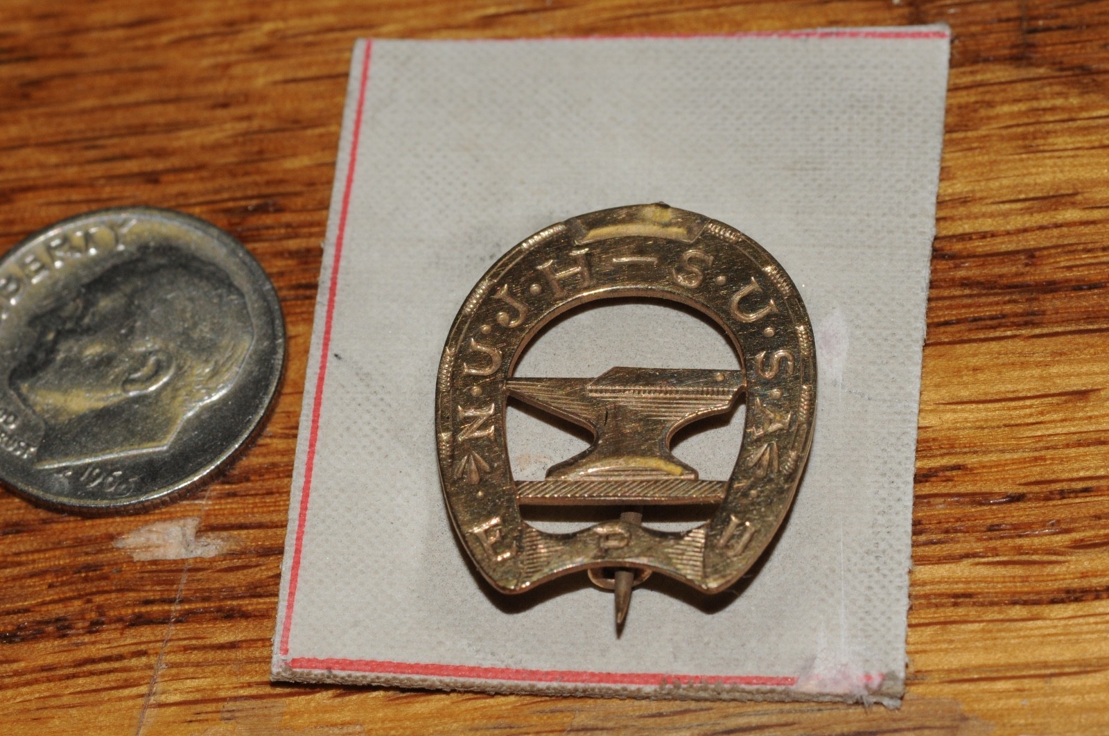 Horseshoe Anvil N.U.J.H.-S. U.S.A. EPU Pin 1905 Gold Filled Salesman Sample old*