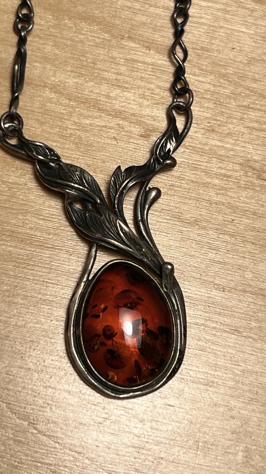 Art Nouveau Sterling Silver Twist Link Foliage Design Baltic Amber Necklace