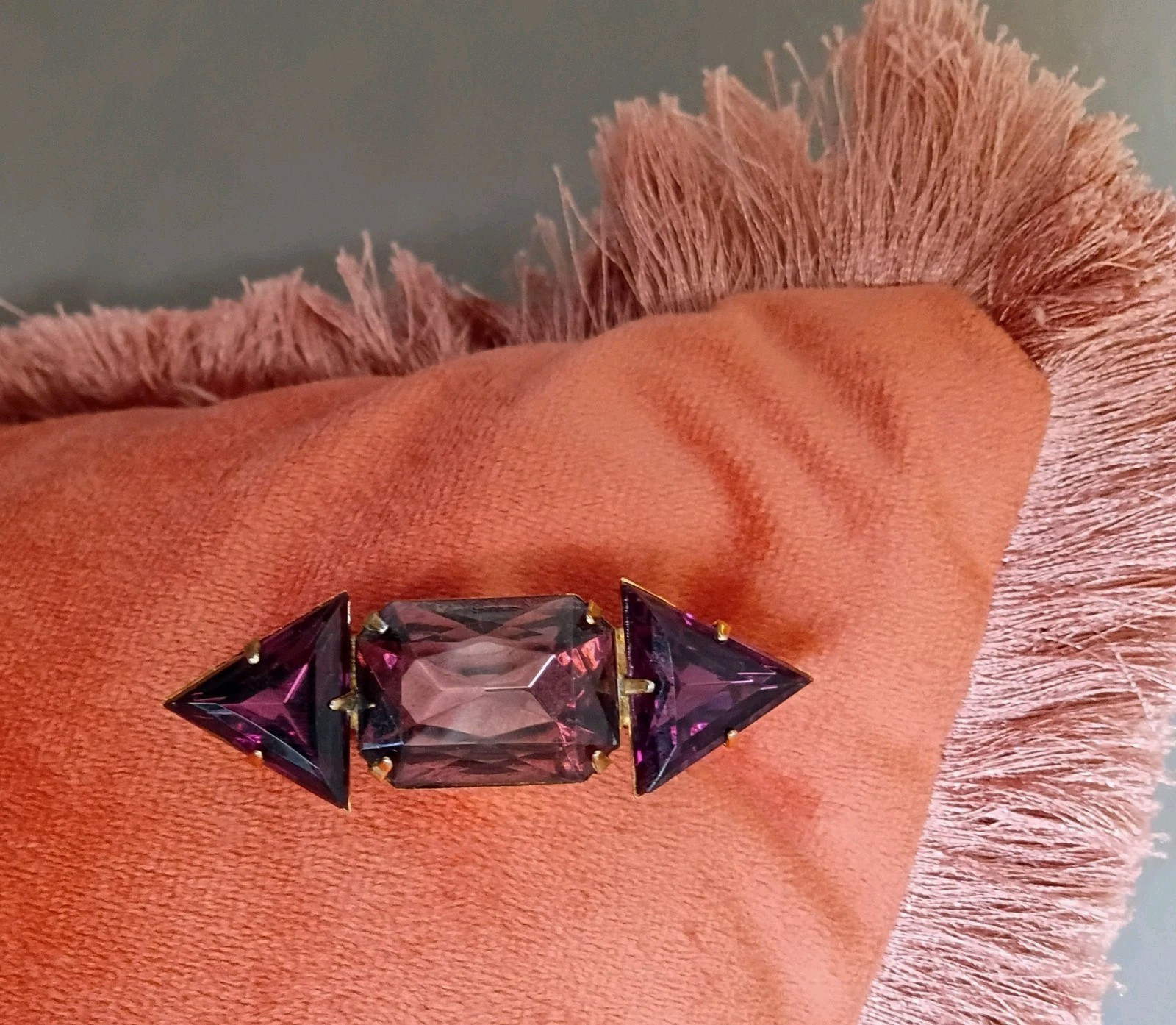 Vintage Purple Amethyst Color 3 large Glass Gem Brooch Modernist Art Deco