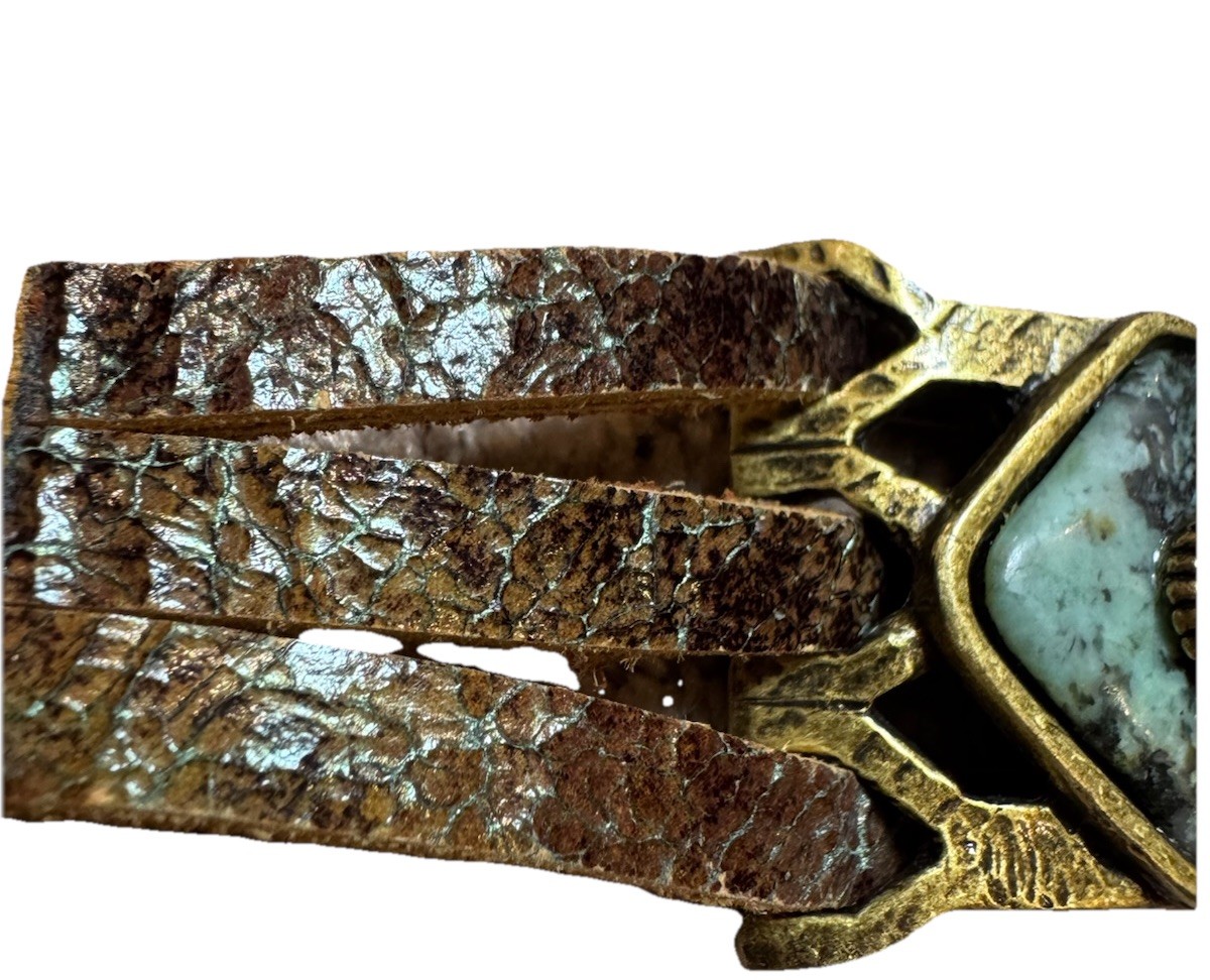 Bracelet LeatherRock Textured Band Turquoise Stone Rhinestone Brass Accents M&W.